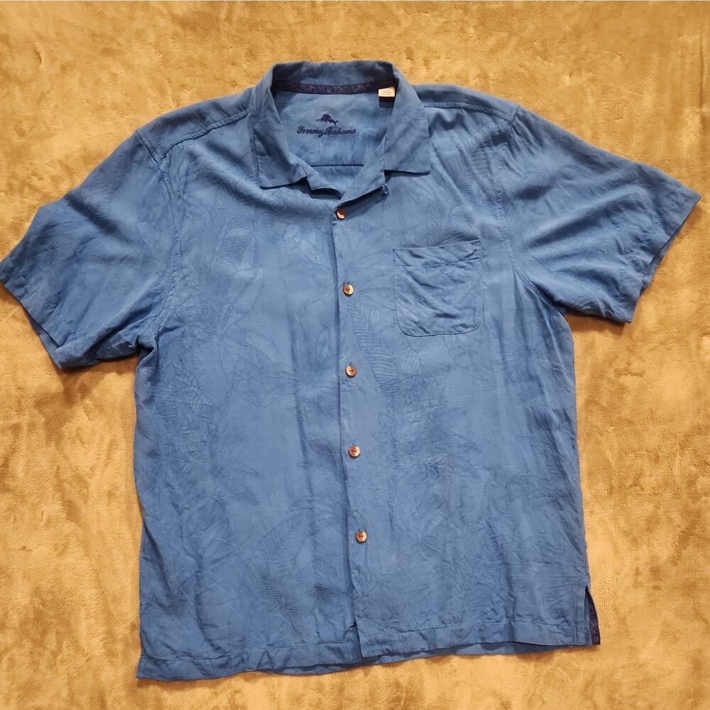 Mens Tommy Bahama Short Button Shirt L Blue 100% Silk Hawaiian Beach Floral